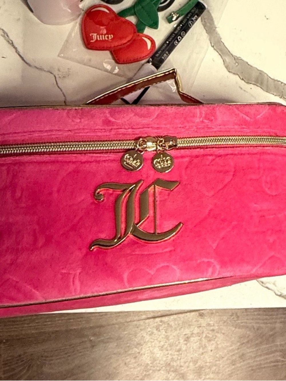Juicy Couture Bright Pink Velvet Cosmetic Case with Gold Hardware